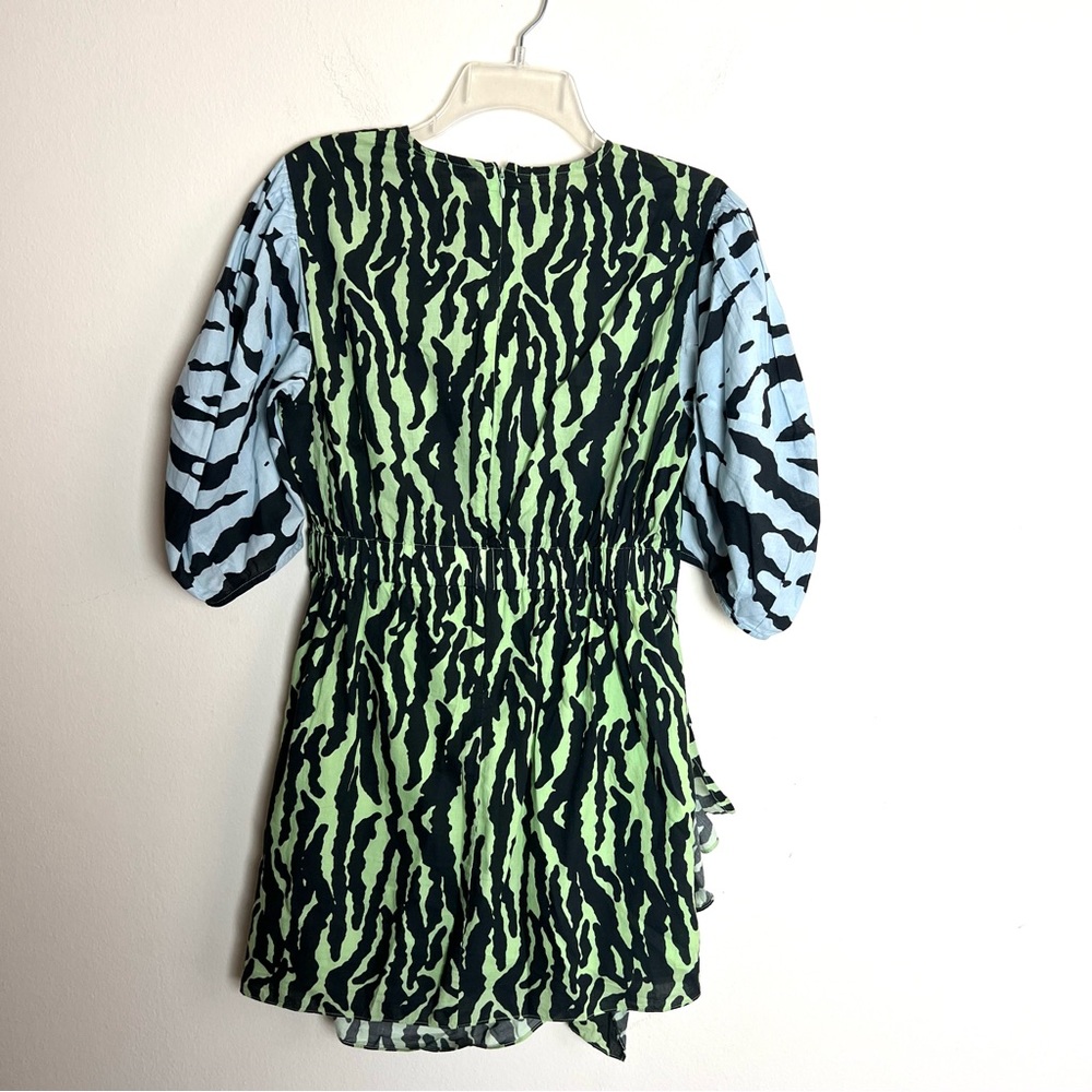 Rhode Pia Tiger Print Color block Wrap Ruched Mini Puff Sleeve Dress - Picture 11 of 13